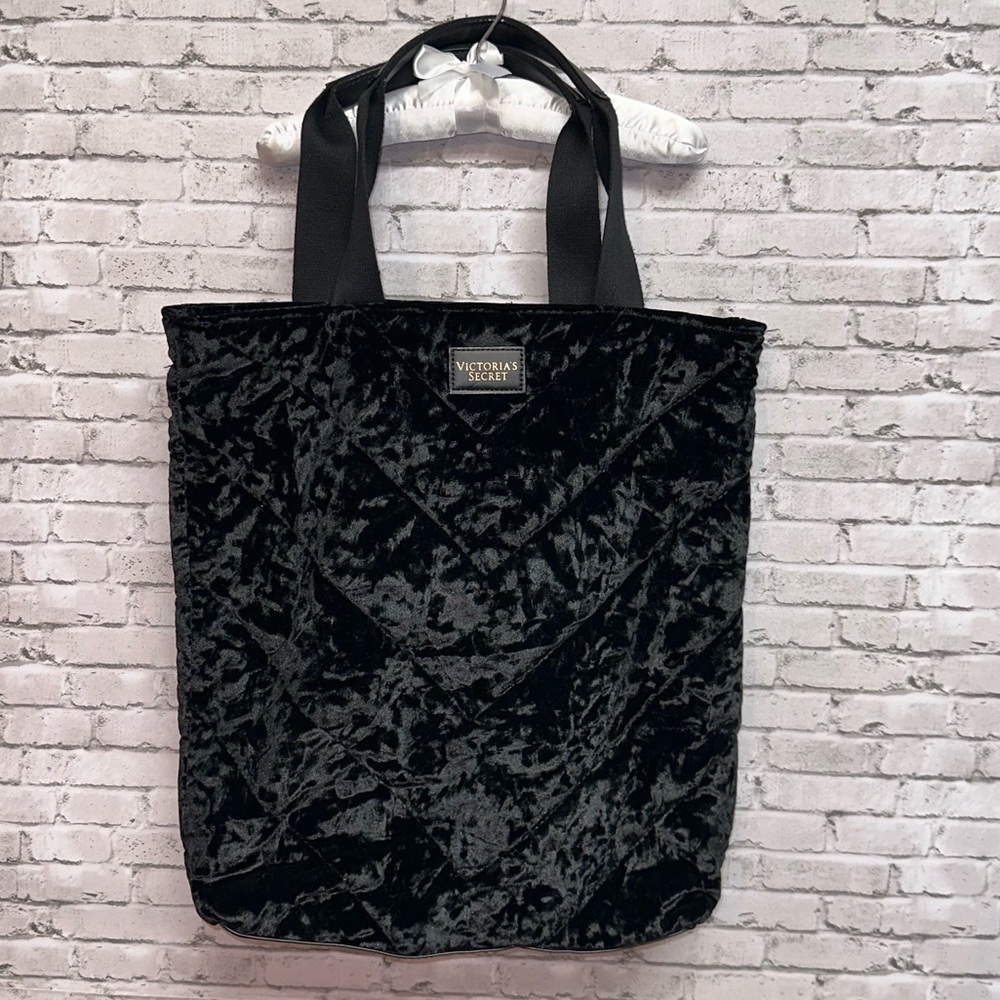 Victoria's Secret Bag Black Crushed Velvet Weekender Tote Purse Beach Book Bag